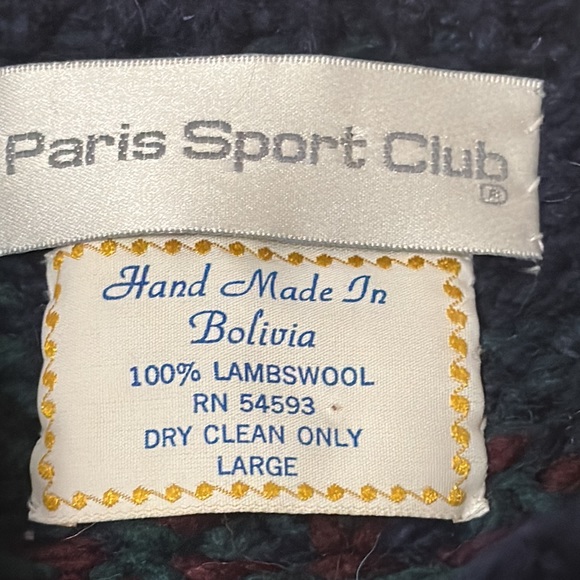 Paris Sport Club hand made in Bolivia 100% lambswool sweater size L - Picture 2 of 9